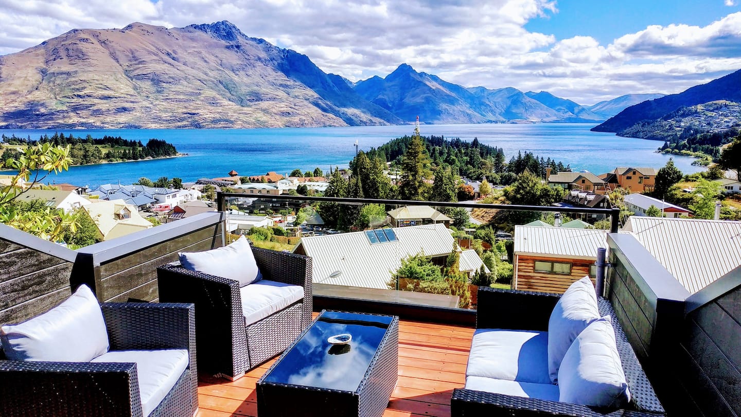 Hilltop Vista deck with a wide view across Queenstown Bay and Lake Wakatipu