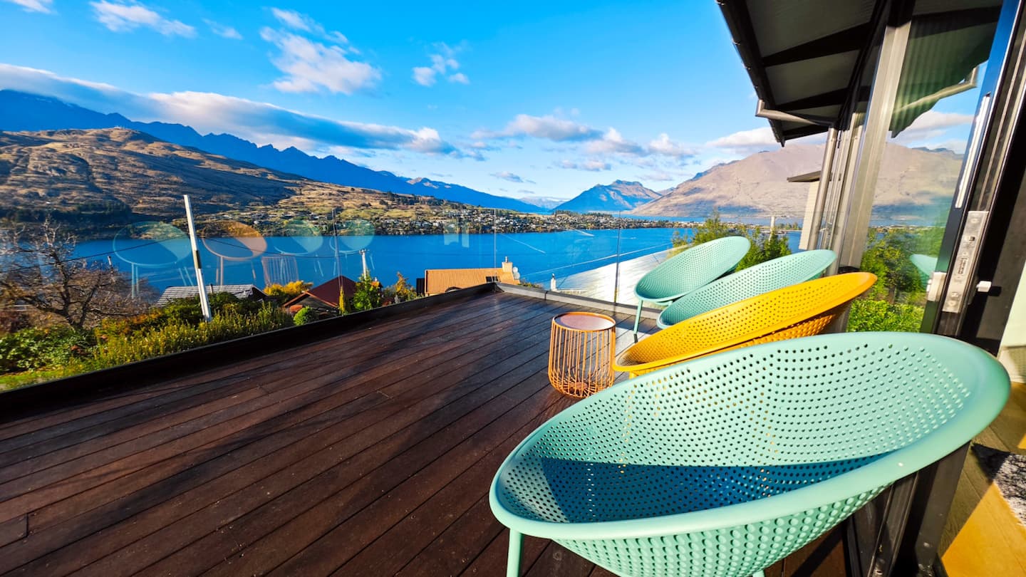 Panoramic view over Lake Wakatipu and The Remarkables from the deck at Lakevista Retreat